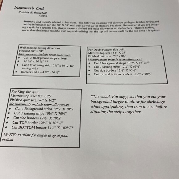 Summers End Quilt Pattern Kit By Patricia B. Campbell Jacobean Botanicals 2001 - Picture 5 of 5